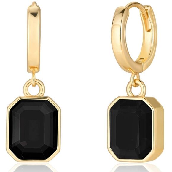 18K Yellow Gold with Black Onyx Crystal Dangling Octagon Huggie Earrings - Picture 1 of 6